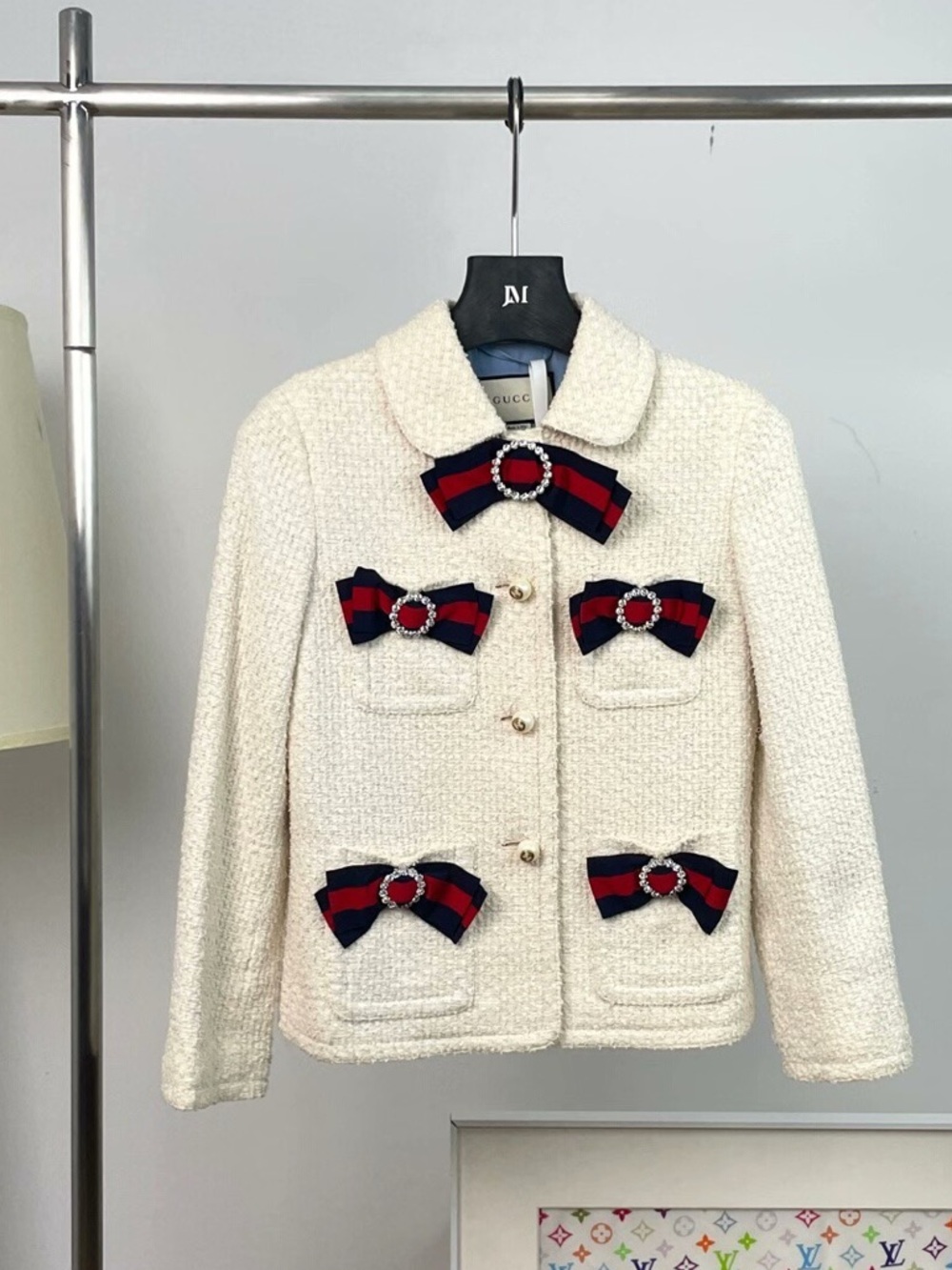 Authentic Gucci Cream Tweed Jacket with Navy & Red Bow Accents